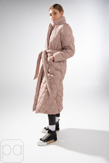 Пальто стьобане у виді ромба довге BOCHAROVA беж темний купити Вінниця 1