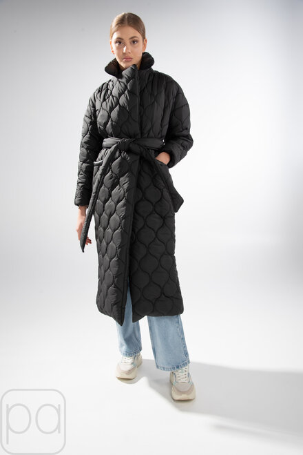Длинное пальто стеганое с поясом BOCHAROVA черный цвет купить Энергодар 