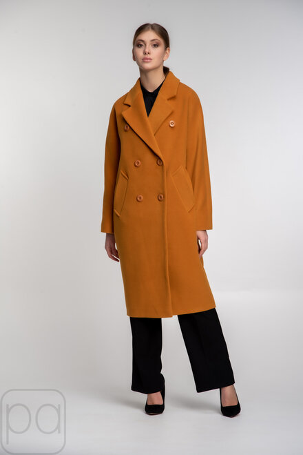 Пальто двуборное с поясом демисезонное NINA VLADI цвет горчица купить Чернигов 