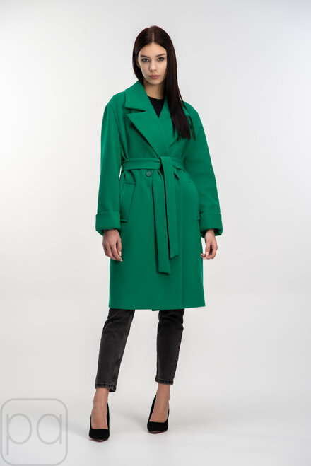 Пальто двухбортное демисезонное с поясом ELVI цвет зеленый купить Сумы 01