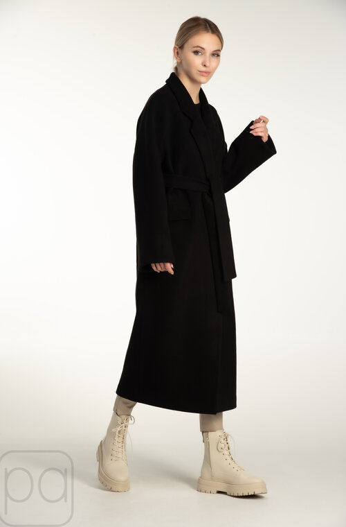 Пальто оверсайз с поясом длинное ORIGA черный цвет купить Харьков 