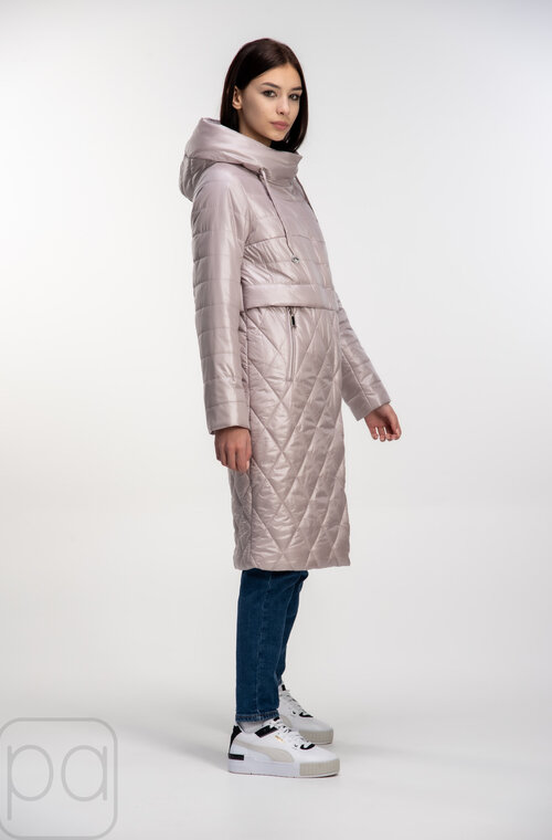 Довга стьобана куртка з капюшоном SNOW-OWL колір перлина купити Київ 02